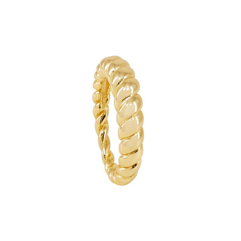A single gold-tone rope twist band ring shown upright on a white background