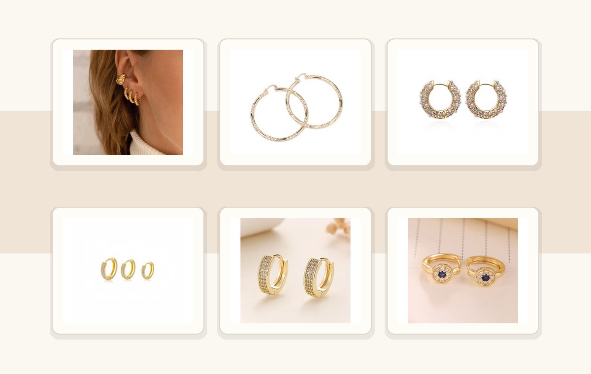 Small gold huggie earring sample board with reference styles